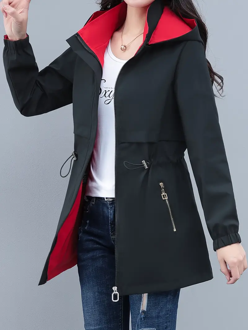 Chic Reversible Hooded Trench Coat for Women - Casual Long Sleeve, Zip-Up, Mid-Length with Belt Detail, Polyester, Non-Stretch, Solid Color, Perfect for Spring & Fall, for Autumn, Spring