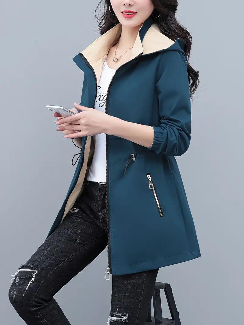 Chic Reversible Hooded Trench Coat for Women - Casual Long Sleeve, Zip-Up, Mid-Length with Belt Detail, Polyester, Non-Stretch, Solid Color, Perfect for Spring & Fall, for Autumn, Spring