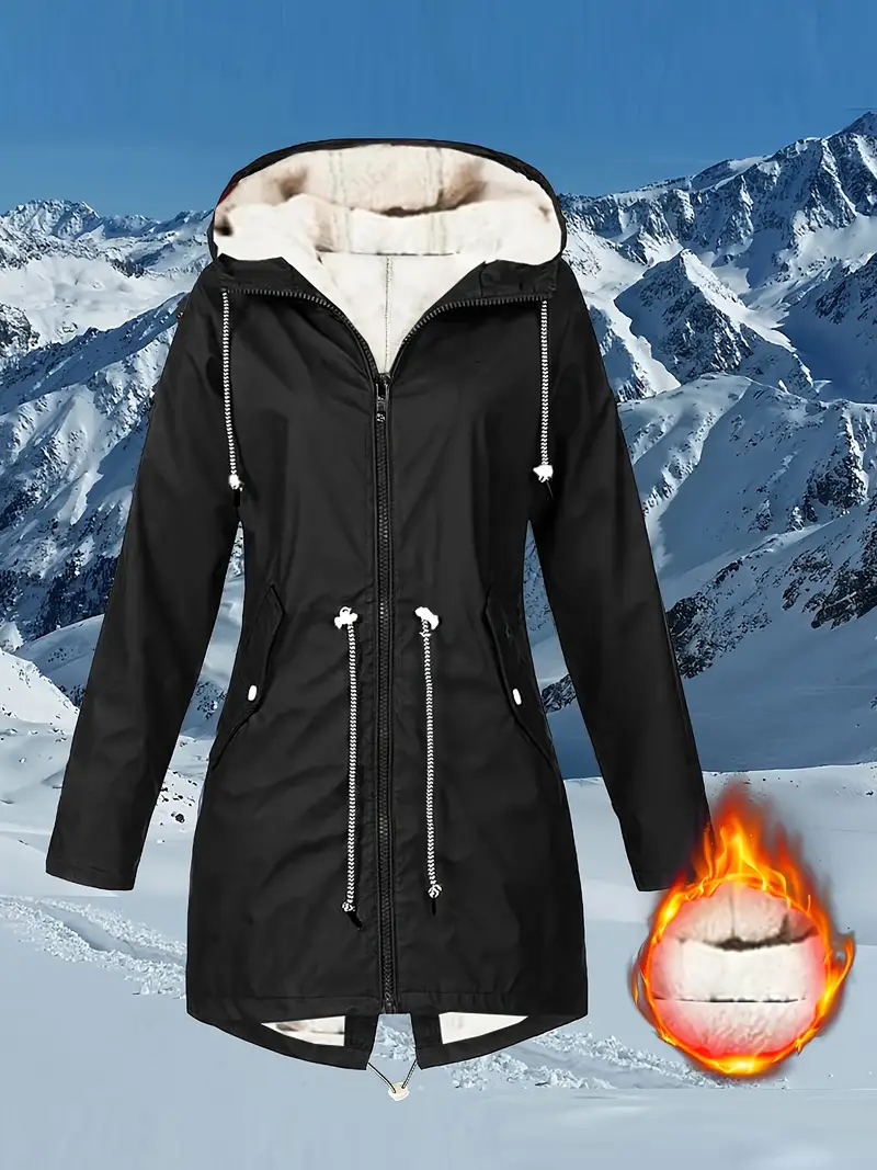 Plus Size Fleece Lined Zip Up Jacket - Thermal, Casual, Long Sleeve, Drawstring Waist, Outdoor Outerwear for Winter & Fall, Women's Clothing