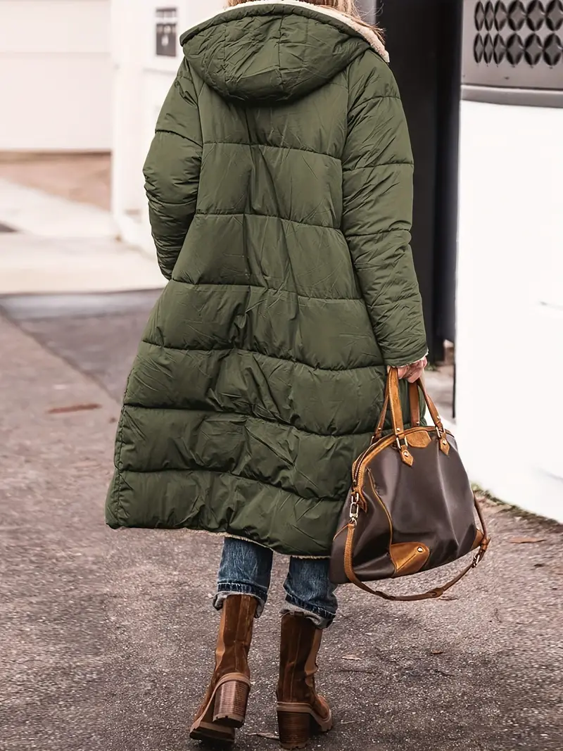 Women's Plus Size Hooded Reversible Coat, Long Sleeve Warm Outerwear with Zipper Front for Fall & Winter, Casual Plus Size Clothing