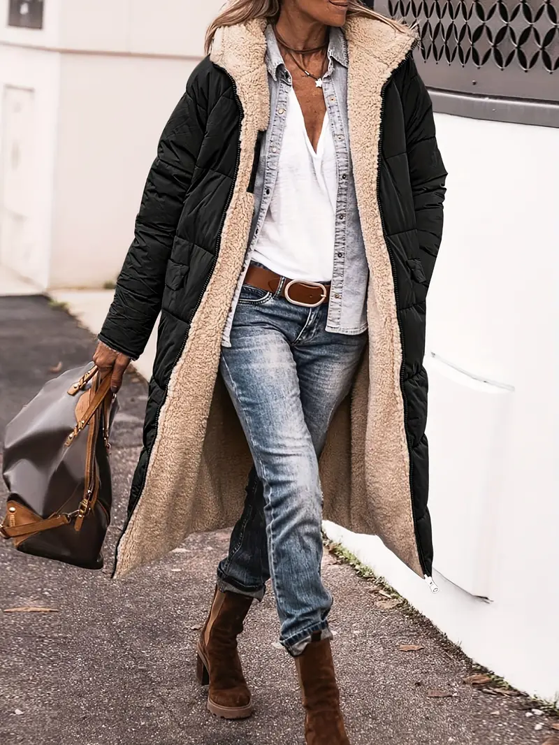 Women's Plus Size Hooded Reversible Coat, Long Sleeve Warm Outerwear with Zipper Front for Fall & Winter, Casual Plus Size Clothing