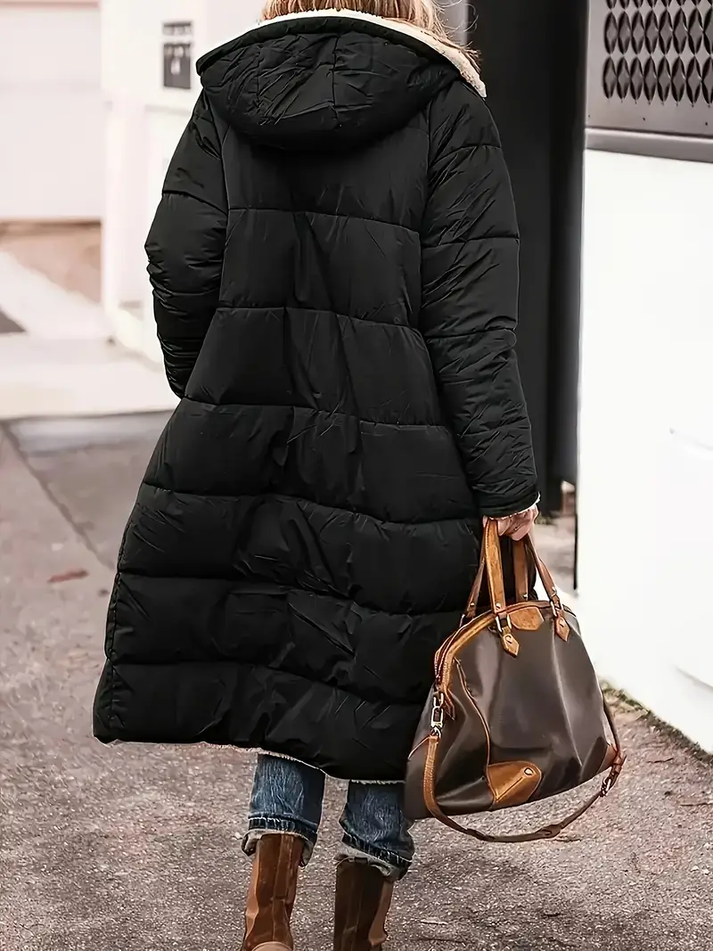 Women's Plus Size Hooded Reversible Coat, Long Sleeve Warm Outerwear with Zipper Front for Fall & Winter, Casual Plus Size Clothing