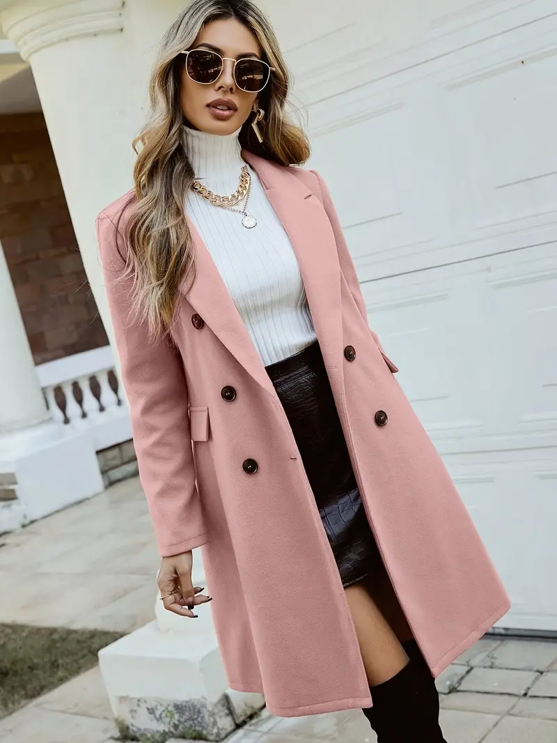 Womens Elegant Double Breasted Trench Coat - Classic Solid Color Long Sleeve Outerwear with No Elasticity, Fake Pockets, and Woven Polyester Fabric - Perfect for Formal Occasions