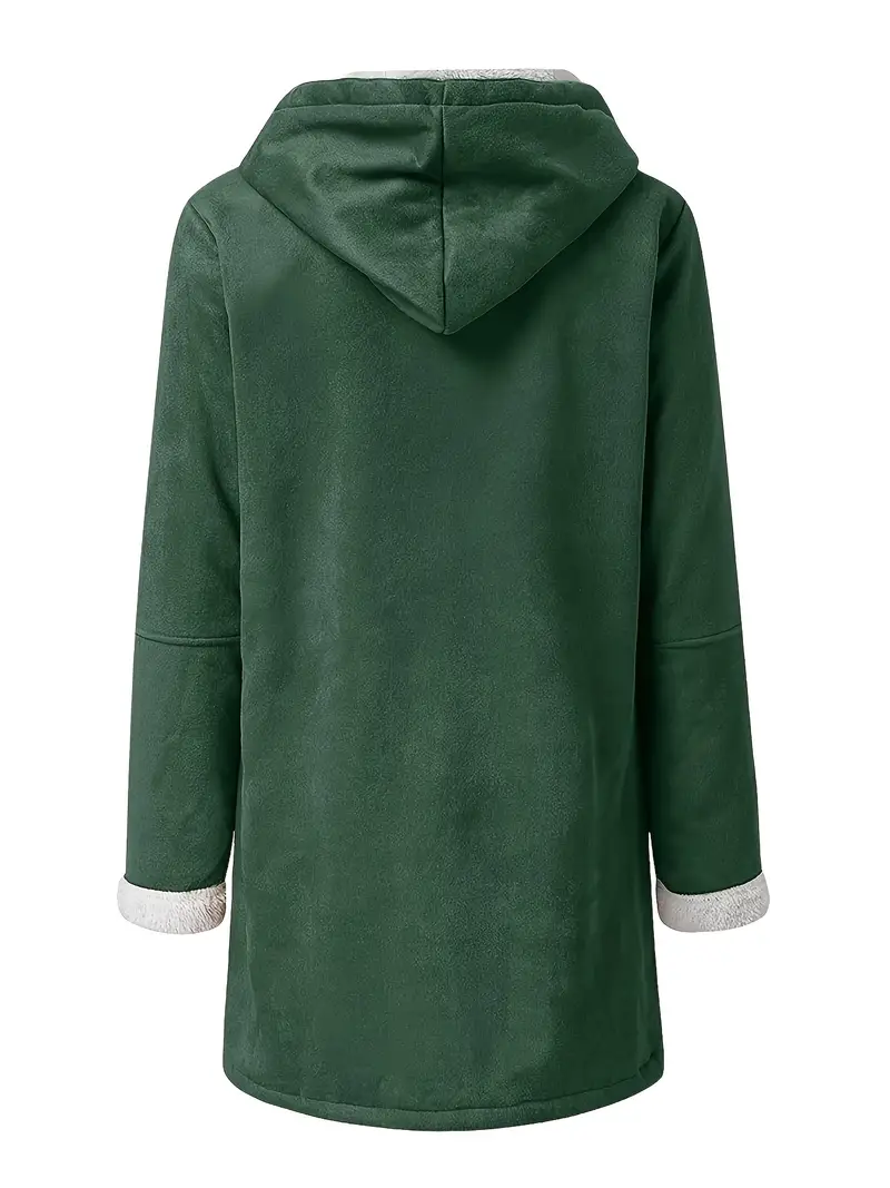 Elegant Plus Size Women's Hooded Jacket with Fleece Lining - Warm, Button-Up Winter Coat in Solid Color, for Winter