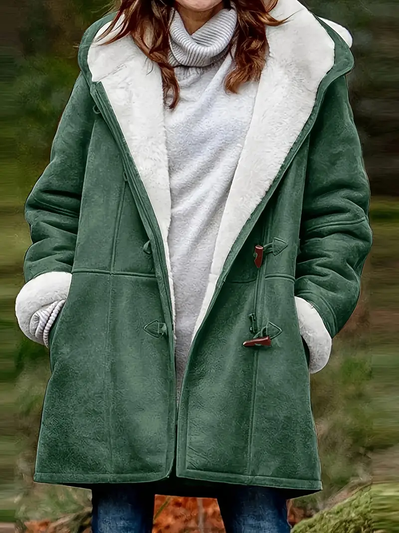 Elegant Plus Size Women's Hooded Jacket with Fleece Lining - Warm, Button-Up Winter Coat in Solid Color, for Winter