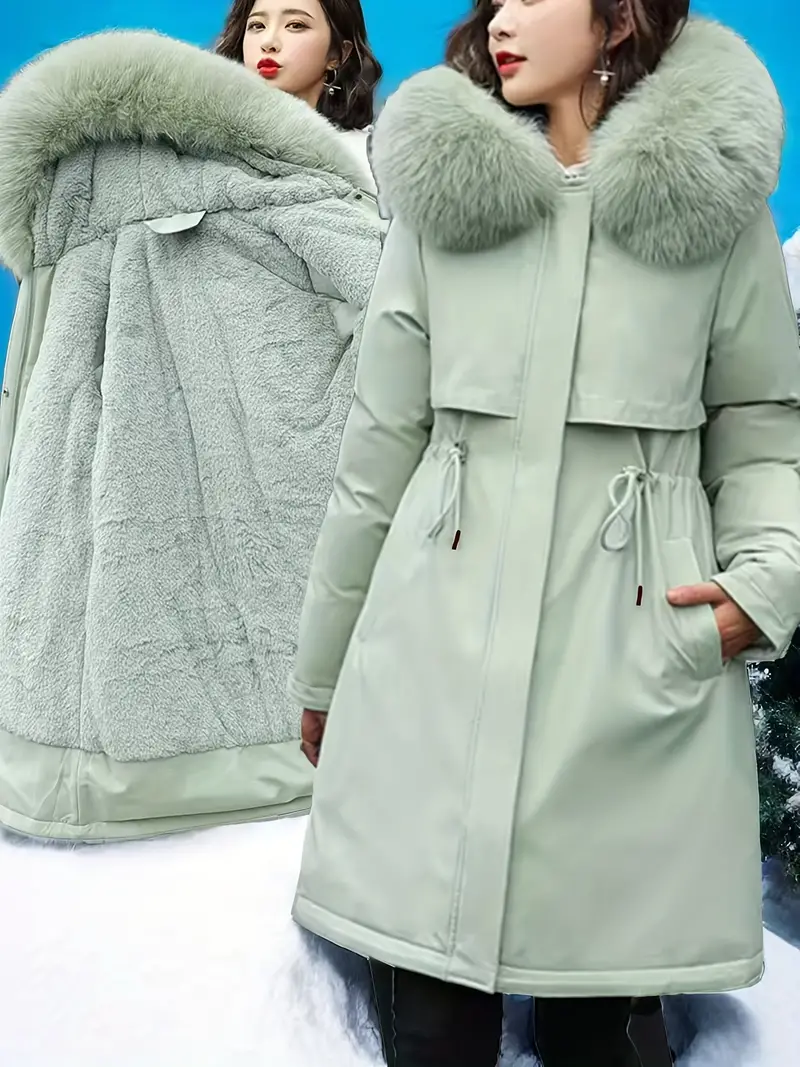Women's Fashion Mid-Length Parka, Solid Color, Thickened Cotton, Winter Coat with Hood, Polyester (PET) Material, Casual Sportswear Jacket and Outerwear