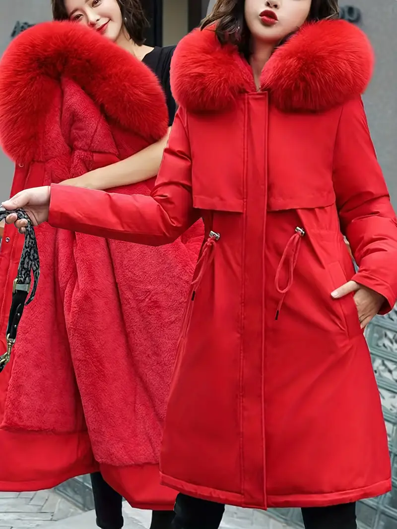 Women's Fashion Mid-Length Parka, Solid Color, Thickened Cotton, Winter Coat with Hood, Polyester (PET) Material, Casual Sportswear Jacket and Outerwear