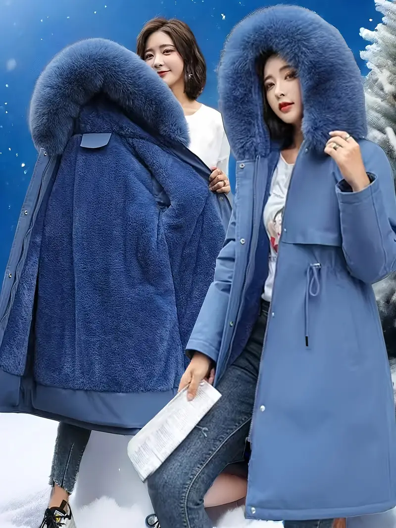 Women's Fashion Mid-Length Parka, Solid Color, Thickened Cotton, Winter Coat with Hood, Polyester (PET) Material, Casual Sportswear Jacket and Outerwear