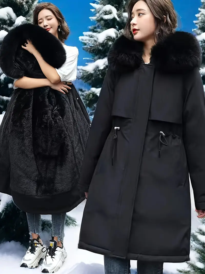 Women's Fashion Mid-Length Parka, Solid Color, Thickened Cotton, Winter Coat with Hood, Polyester (PET) Material, Casual Sportswear Jacket and Outerwear
