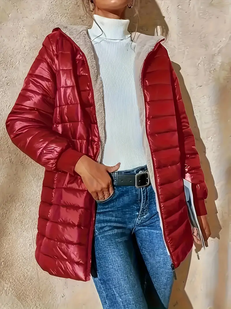 Plus Size Elegant Fleece Lined Padded Jacket Coat - Soft Thermal Insulation, Long Sleeve, Zip-Up Closure, Water-Resistant Outerwear for Fall and Winter - Women's Thermal Outerwear for Cold Weather