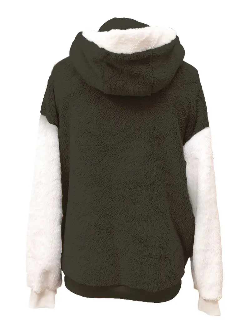 Stylish Plus Size Winter Coat - Women's Colorblock Fleece Zip Up Long Sleeve Drawstring Hooded Teddy Coat with Pockets and Adjustable Waist - Soft, Warm, and Cozy for Cold Weather
