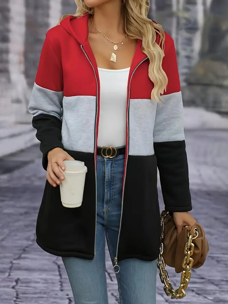 Stylish Color Block Hooded Jacket for Women - Long Sleeve, Zip-Up, Water-Resistant, Machine Washable, Casual Outerwear with Multiple Pockets - Perfect for Fall, Winter, and Outdoor Activities