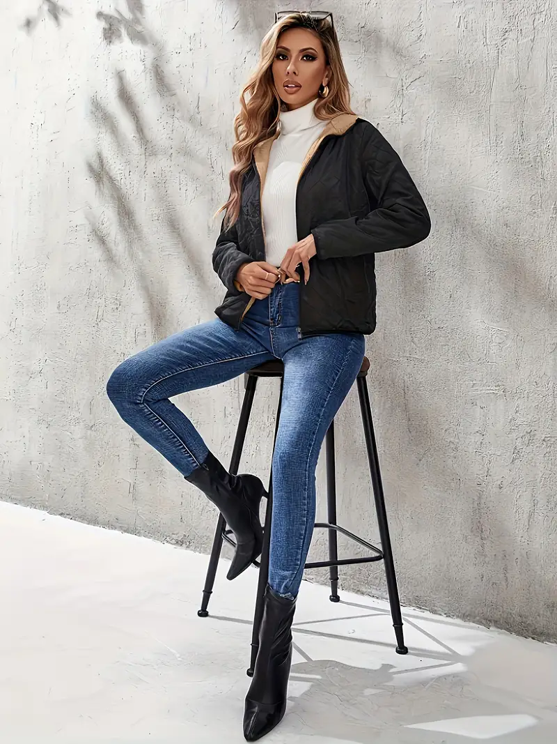 Winter Essentials: Women's Warm Hooded Coat with Zip Front, Casual Long Sleeve Outwear, Easy Care, Solid Color, Durable