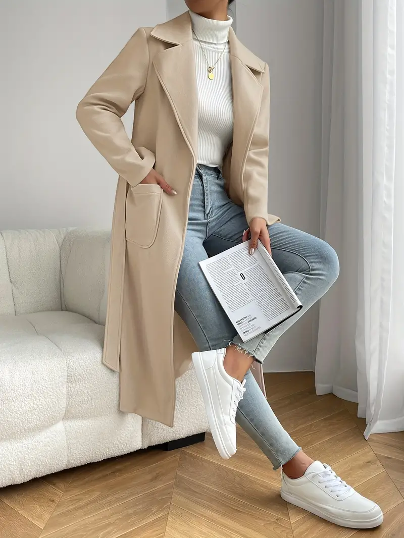 Stylish Long Length Trench Coat - Elegant Solid Color, Patched Pockets, Long Sleeve, Water-Resistant Outerwear for Women - Perfect for Formal Occasions and Daily Wear