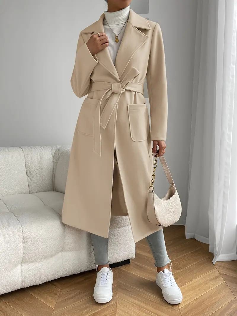 Stylish Long Length Trench Coat - Elegant Solid Color, Patched Pockets, Long Sleeve, Water-Resistant Outerwear for Women - Perfect for Formal Occasions and Daily Wear