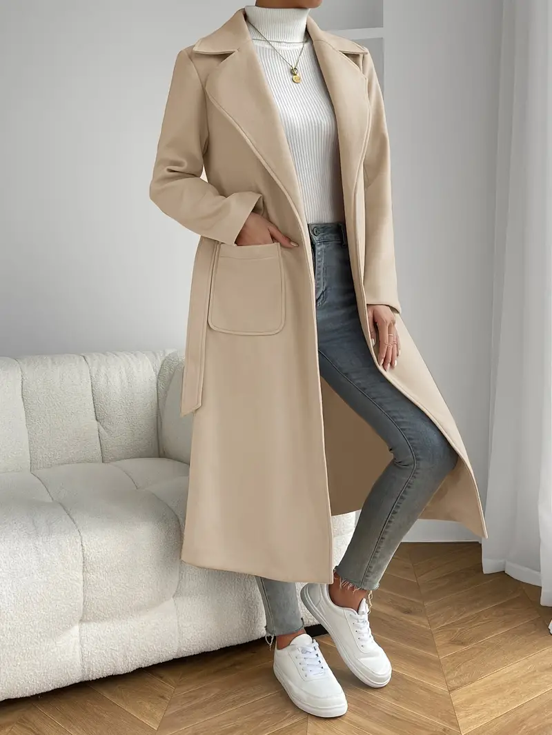 Stylish Long Length Trench Coat - Elegant Solid Color, Patched Pockets, Long Sleeve, Water-Resistant Outerwear for Women - Perfect for Formal Occasions and Daily Wear