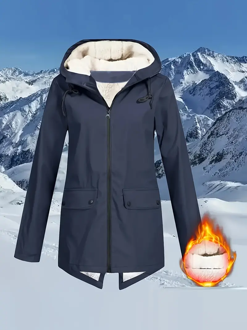 Women's Faux Fur Lined Coat - Zip-up Hoodie Windbreaker with Long Sleeve, Casual Warm Winter Clothing for Ladies