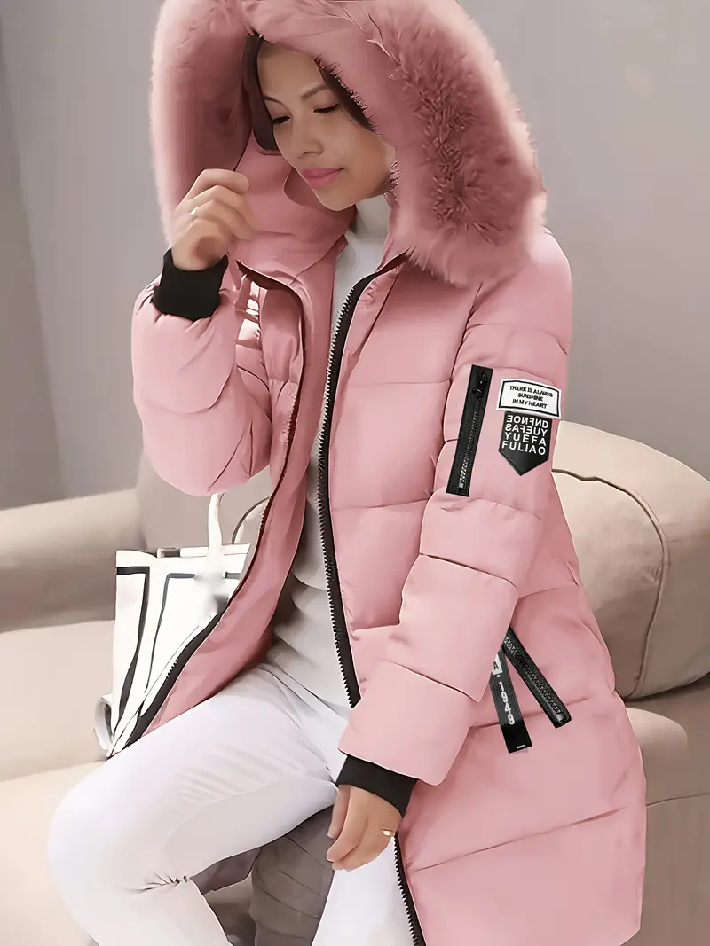 Ultra-Soft Fuzzy Trim Puffy Coat - Cotton-Padded Jacket Coat with Zip-Up, Long Sleeve, Zipper Pockets, Longline Insulated Design, and Casual Style for Winter - Women's Comfortable Clothing