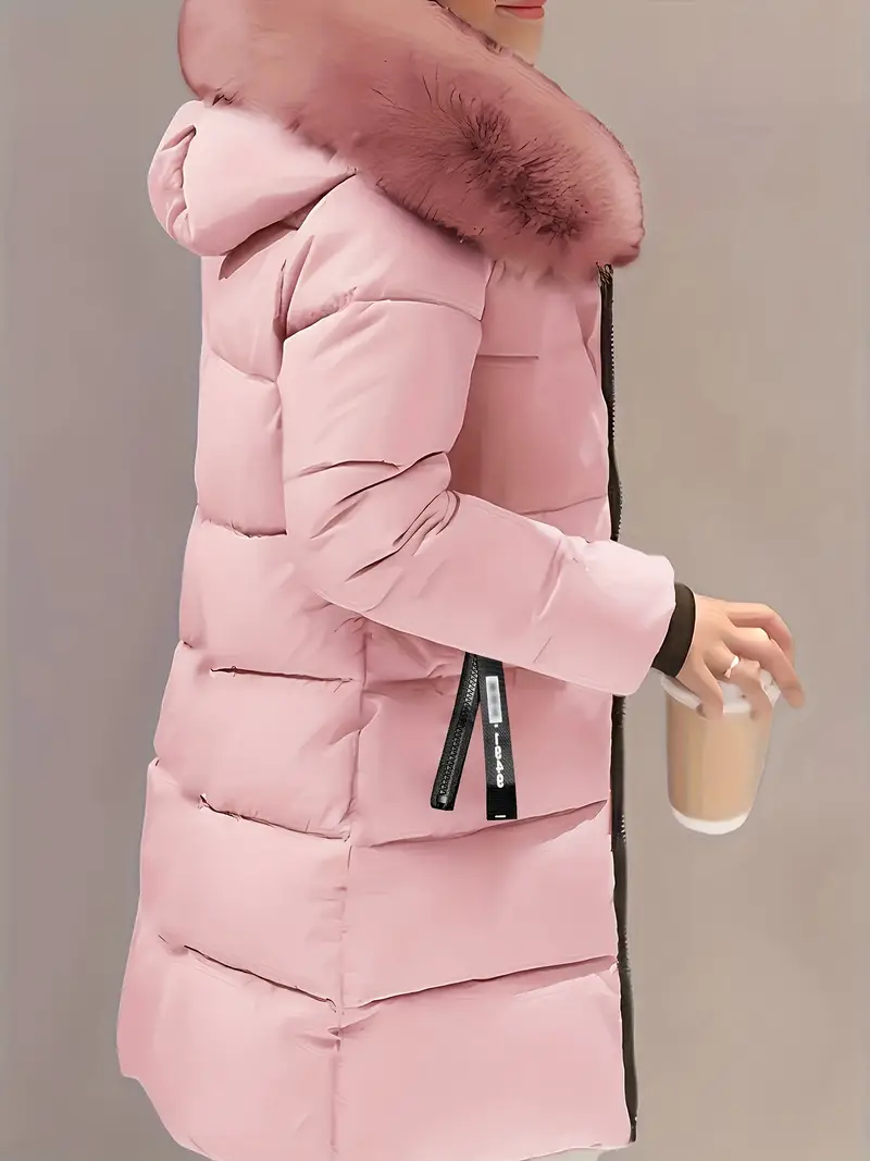 Ultra-Soft Fuzzy Trim Puffy Coat - Cotton-Padded Jacket Coat with Zip-Up, Long Sleeve, Zipper Pockets, Longline Insulated Design, and Casual Style for Winter - Women's Comfortable Clothing