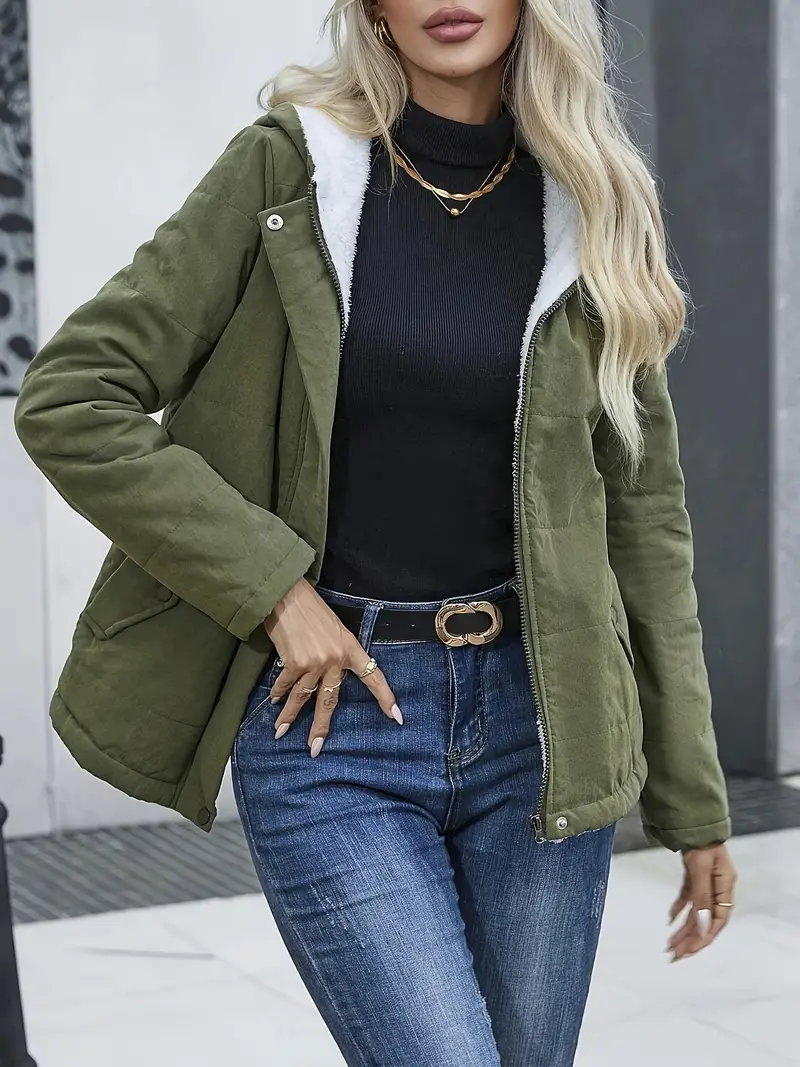 Quilted Long Sleeve Hooded Down Jacket - Cotton-padded Jacket Coat with Zip Front, Dual Pockets, Solid Color, Casual Style, Water Resistant and Warmth Retention for Women's Clothing