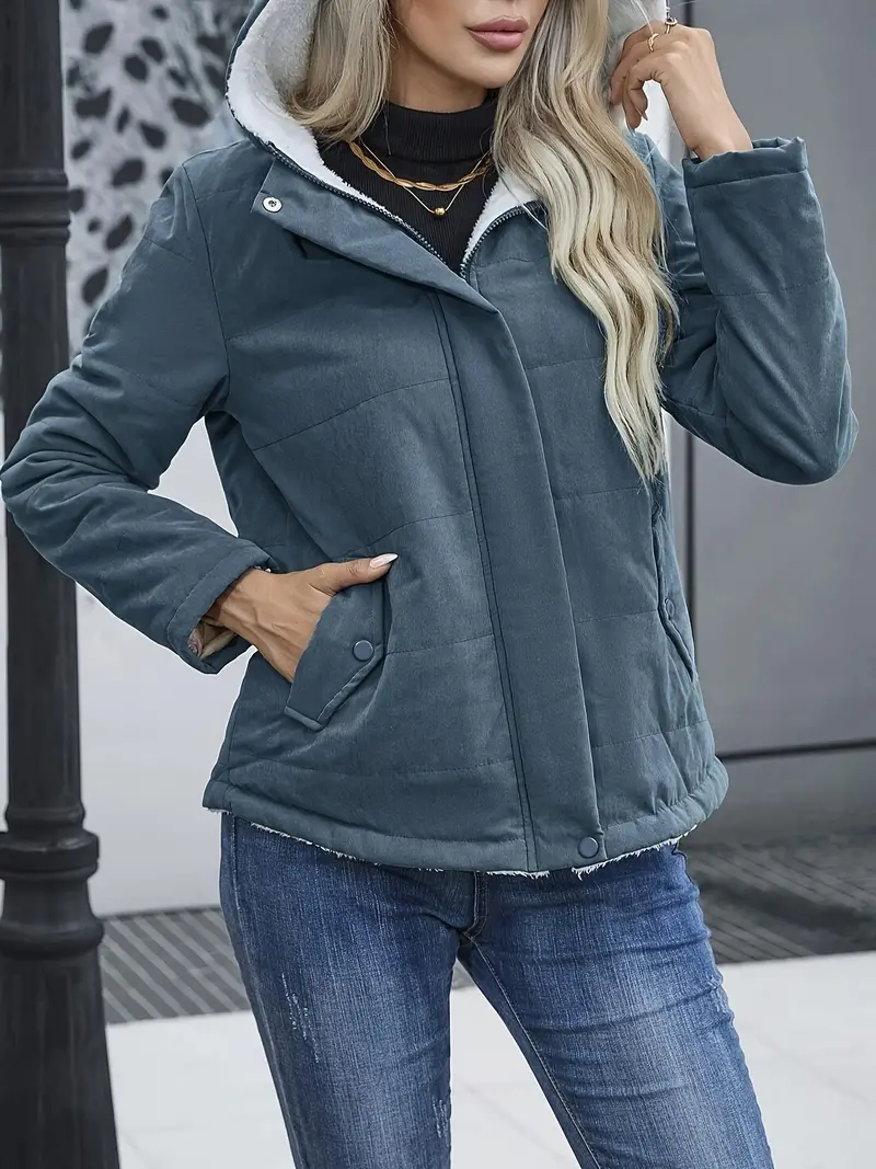 Quilted Long Sleeve Hooded Down Jacket - Cotton-padded Jacket Coat with Zip Front, Dual Pockets, Solid Color, Casual Style, Water Resistant and Warmth Retention for Women's Clothing