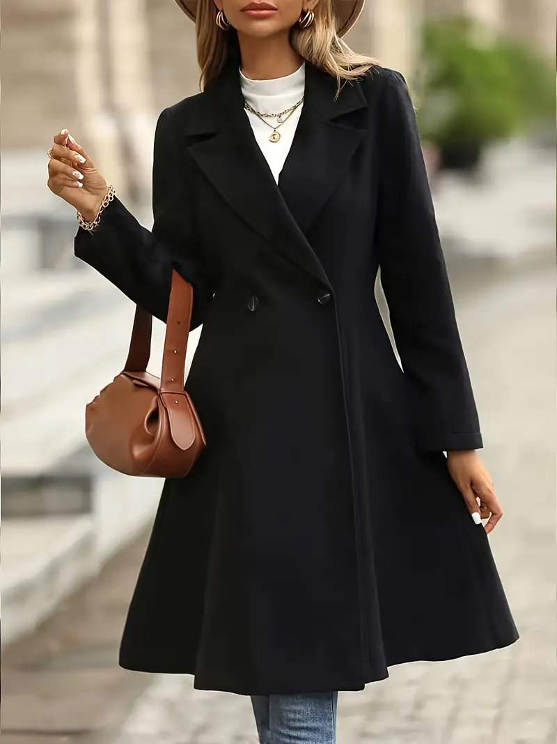 Double-breasted Lapel A-line Coat, Elegant Solid Long Sleeve Longline Coat For Fall & Winter, Women's Clothing