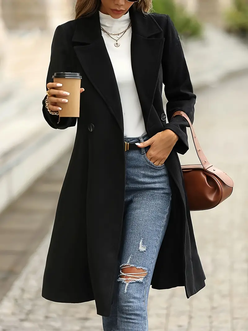 Double-breasted Lapel A-line Coat, Elegant Solid Long Sleeve Longline Coat For Fall & Winter, Women's Clothing