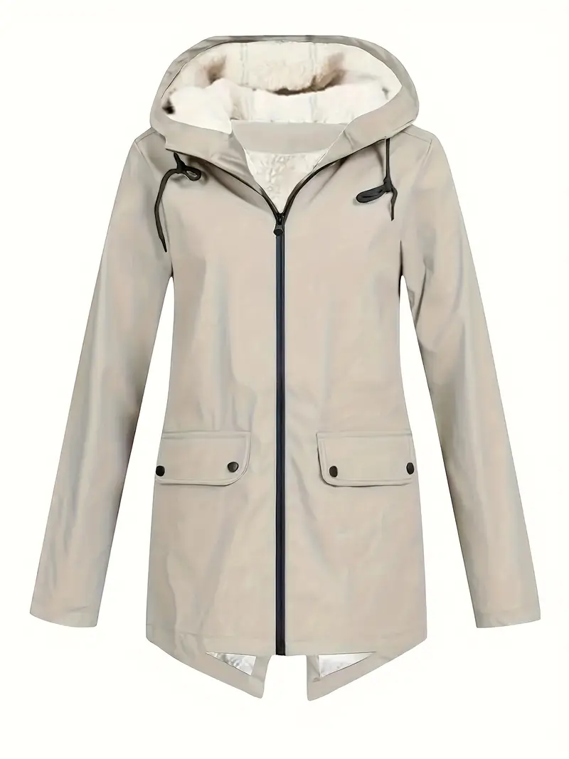 Plus Size Cozy Warmth Coat - Soft Solid Zip Front, Casual Hooded Long Sleeve Design, Water-Resistant, Windproof, Fall & Winter Essential, Women's Curvy Fit Clothing for Cold Weather