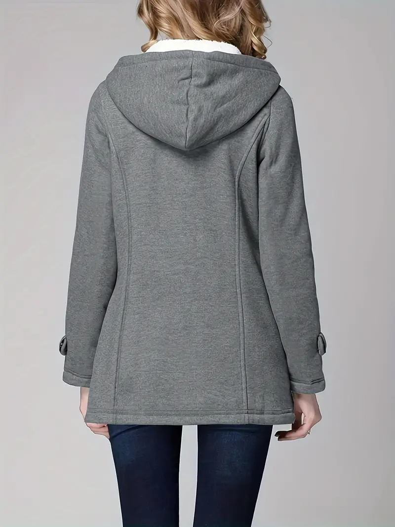 Buckle Front Warm Hooded Coat, Casual Long Sleeve Solid Outerwear With Pockets, Women's Clothing