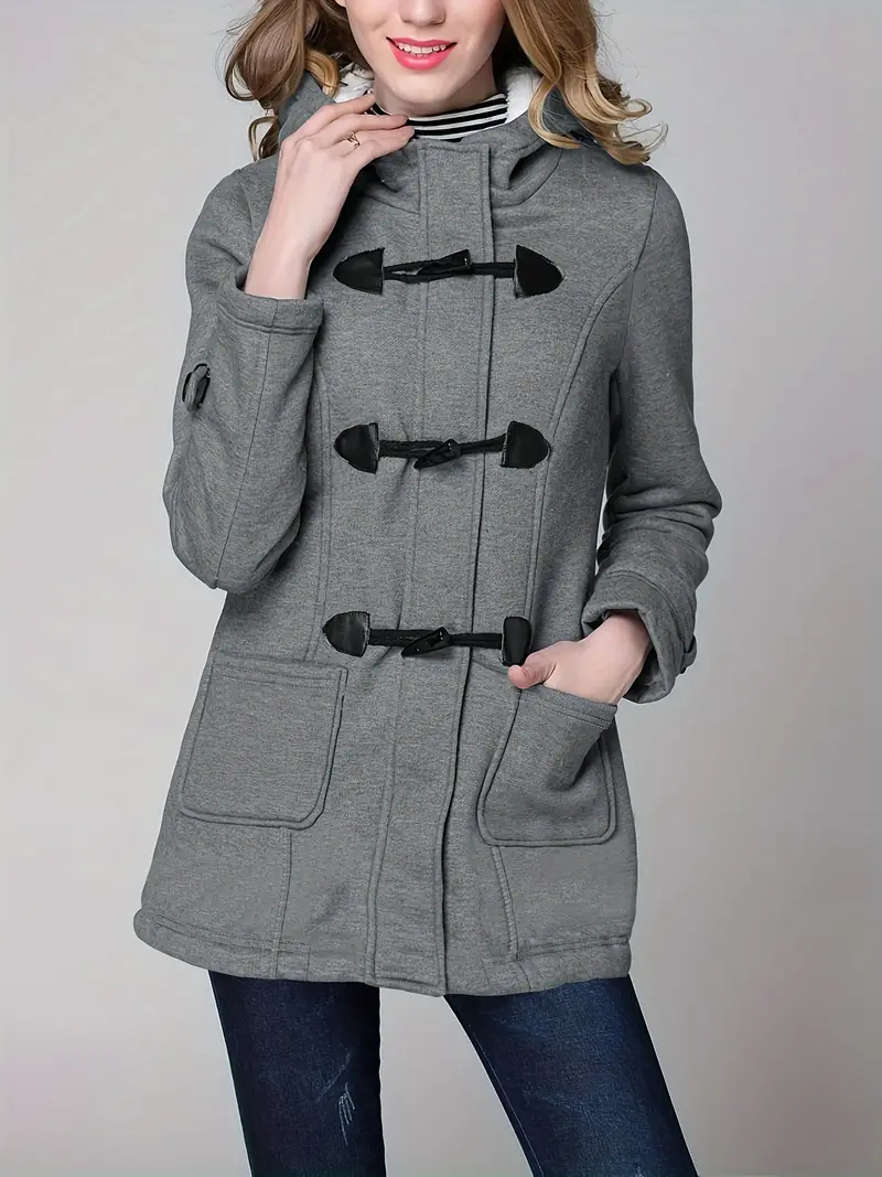 Buckle Front Warm Hooded Coat, Casual Long Sleeve Solid Outerwear With Pockets, Women's Clothing