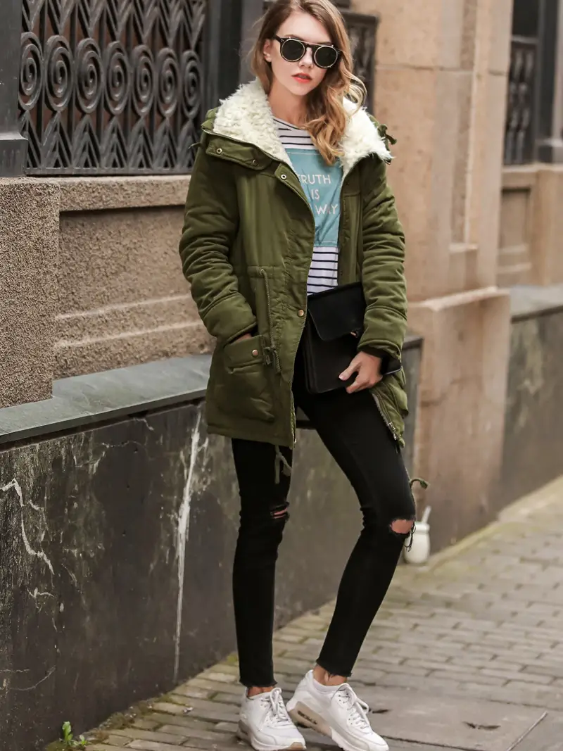 Warm Faux Fur Lined Coat - Thermal Long Sleeve, Drawstring Waist, Pockets, Zip-up, Casual, Fall & Winter Essential for Women's Clothing