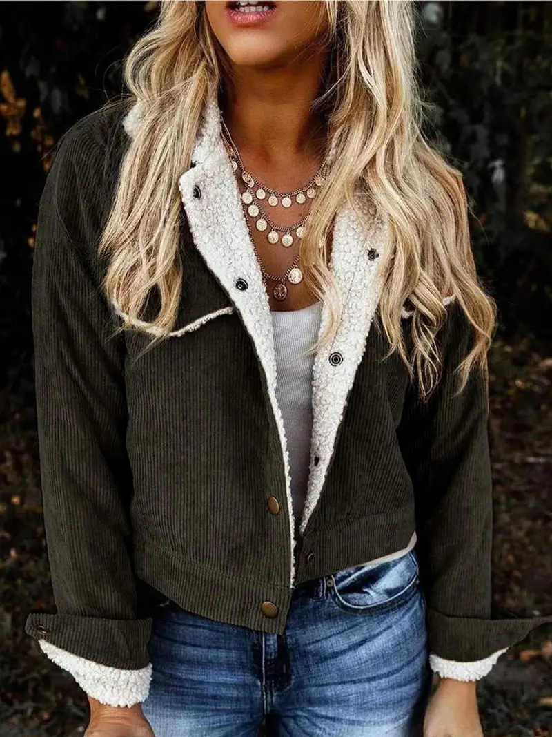 Brown Snaps Pocketed Fleece Corduroy Jacket Sherpa Fleece Lined Corduroy Jacket Women Long Sleeve Lapel Collar Coat Outwear Button Warm