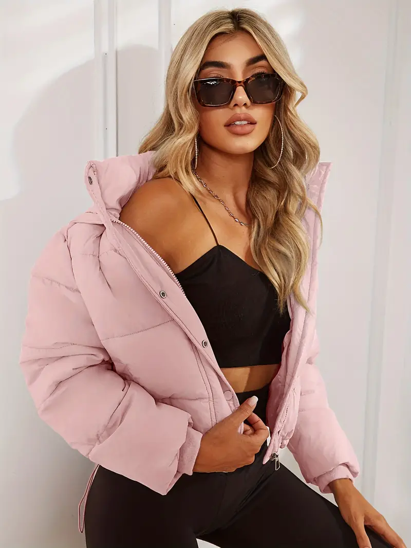 Stand Collar Pockets Puffer Jacket, Casual Drawstring Long Sleeve Jacket For Winter, Women's Clothing
