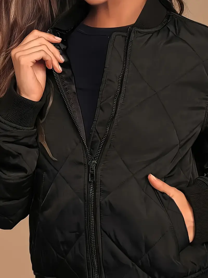 Zip-up Quilted Puffy Coat, Casual Thermal Long Sleeve Pockets Coat For Fall & Winter, Women's Clothing