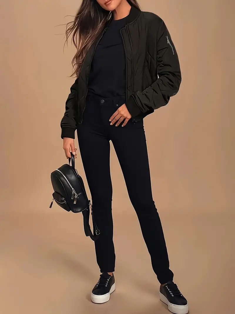 Zip-up Quilted Puffy Coat, Casual Thermal Long Sleeve Pockets Coat For Fall & Winter, Women's Clothing