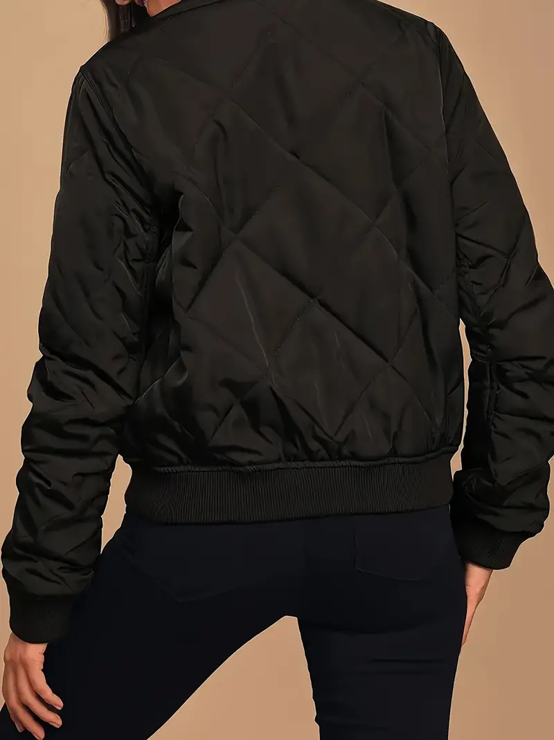 Zip-up Quilted Puffy Coat, Casual Thermal Long Sleeve Pockets Coat For Fall & Winter, Women's Clothing