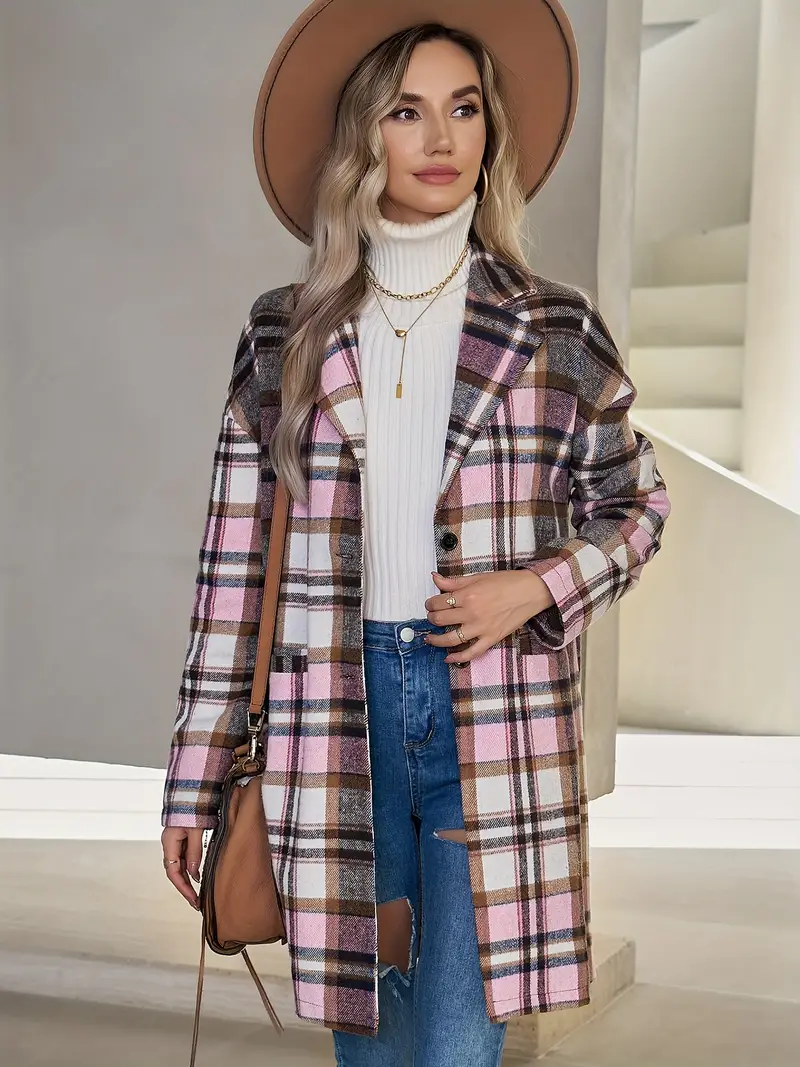 Stylish Plaid Print Long Length Coat - Women's Trench Coats with Casual Button Front, Long Sleeves, and Outerwear - Perfect for Everyday Wear