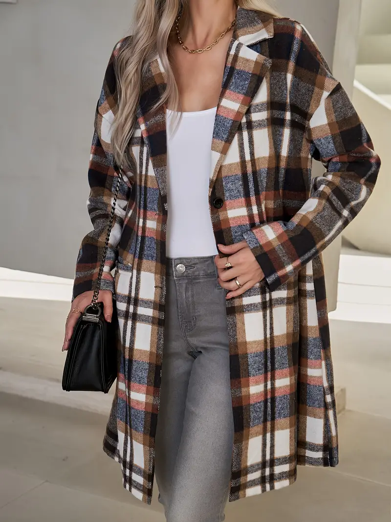 Stylish Plaid Print Long Length Coat - Women's Trench Coats with Casual Button Front, Long Sleeves, and Outerwear - Perfect for Everyday Wear