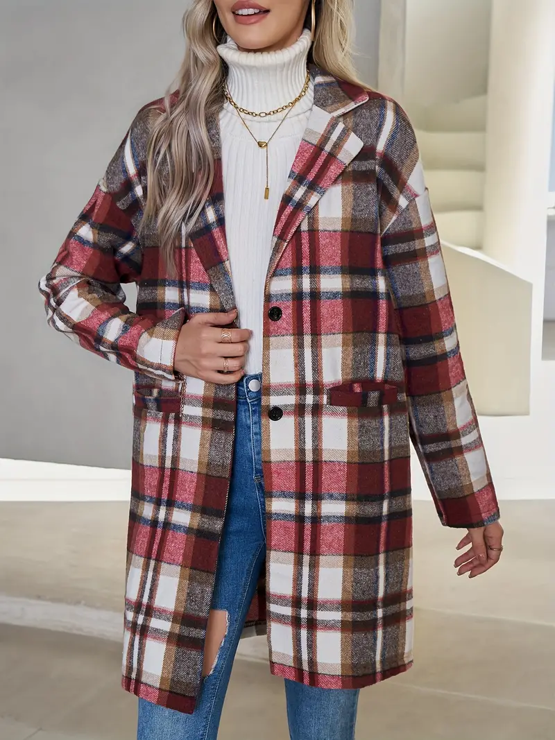 Stylish Plaid Print Long Length Coat - Women's Trench Coats with Casual Button Front, Long Sleeves, and Outerwear - Perfect for Everyday Wear