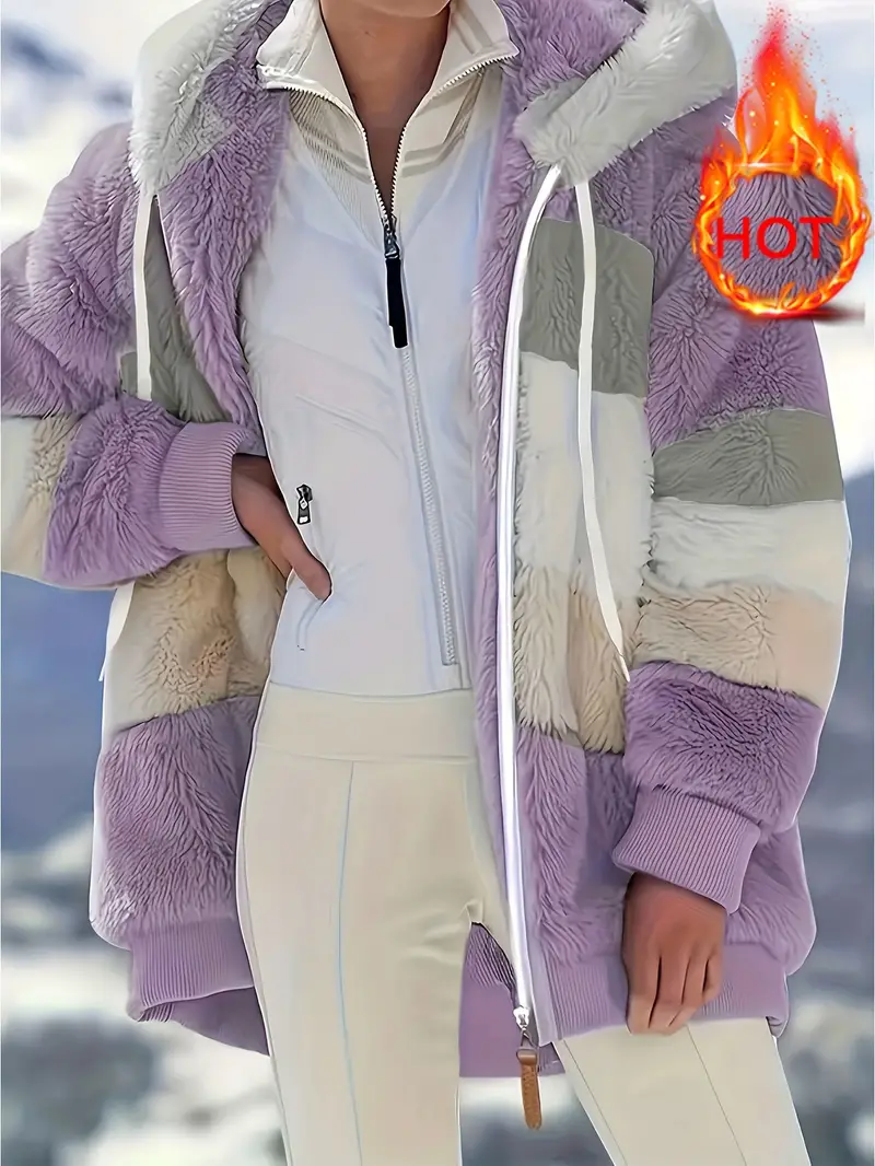 Vibrant Color Block Faux Fur Hooded Jacket - Warm, Casual, Drawstring Zipper, Long Sleeve, Fall & Winter Essential - Women's Fashionable Outwear for Chilly Days