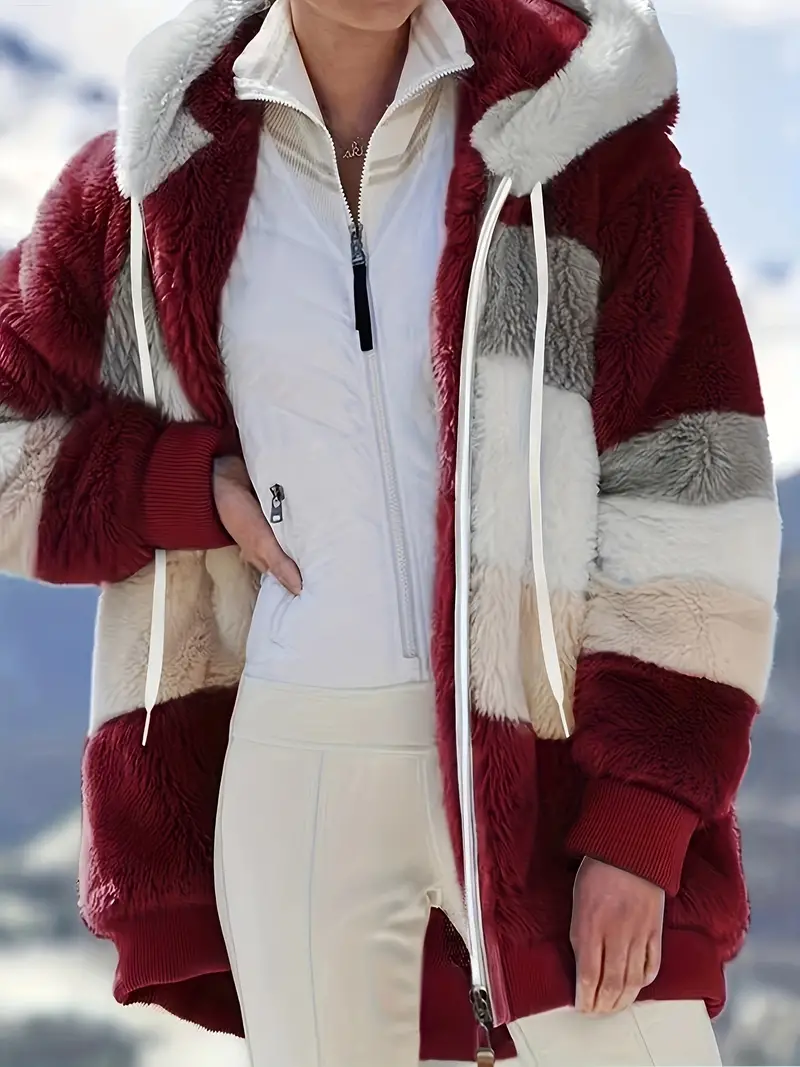 Vibrant Color Block Faux Fur Hooded Jacket - Warm, Casual, Drawstring Zipper, Long Sleeve, Fall & Winter Essential - Women's Fashionable Outwear for Chilly Days