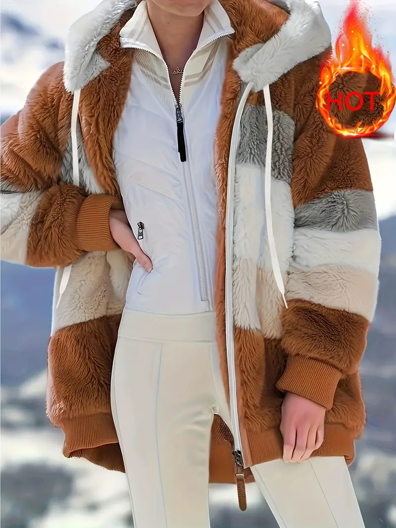 Vibrant Color Block Faux Fur Hooded Jacket - Warm, Casual, Drawstring Zipper, Long Sleeve, Fall & Winter Essential - Women's Fashionable Outwear for Chilly Days