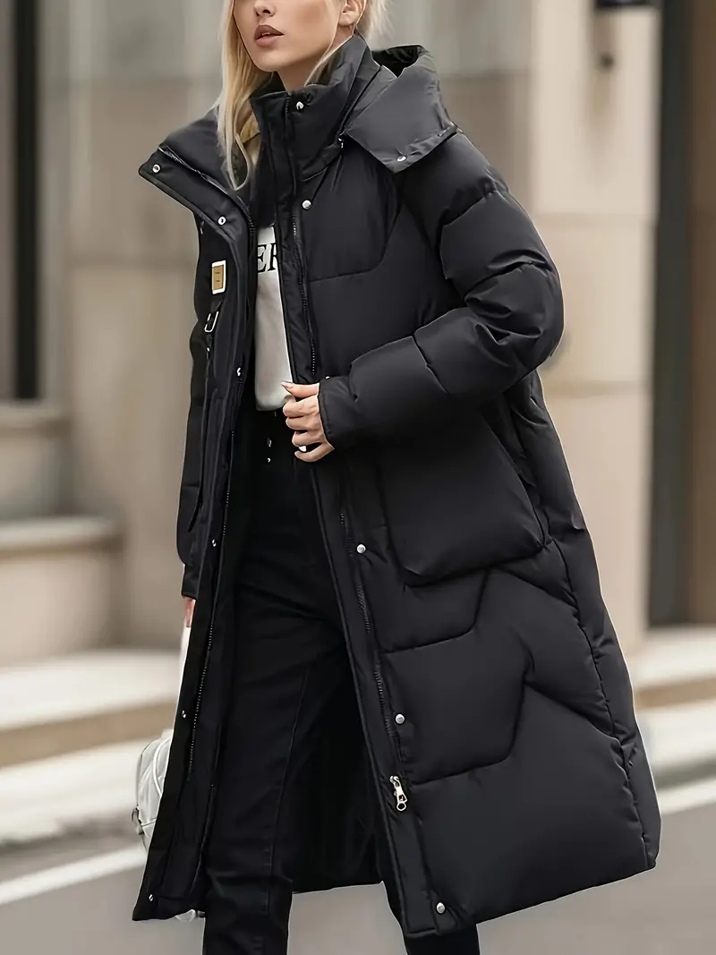 Warmth & Style Quilted Long Sleeve Coat - Soft Solid Color Zip-Up Hooded Design, Versatile Mid-Length Winter Coat for Women - Premium Quilted Detailing, Comfortable Fitting, and Windproof