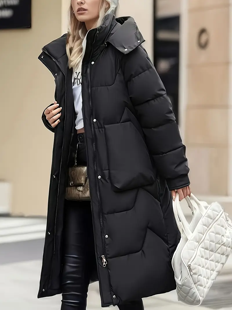 Warmth & Style Quilted Long Sleeve Coat - Soft Solid Color Zip-Up Hooded Design, Versatile Mid-Length Winter Coat for Women - Premium Quilted Detailing, Comfortable Fitting, and Windproof