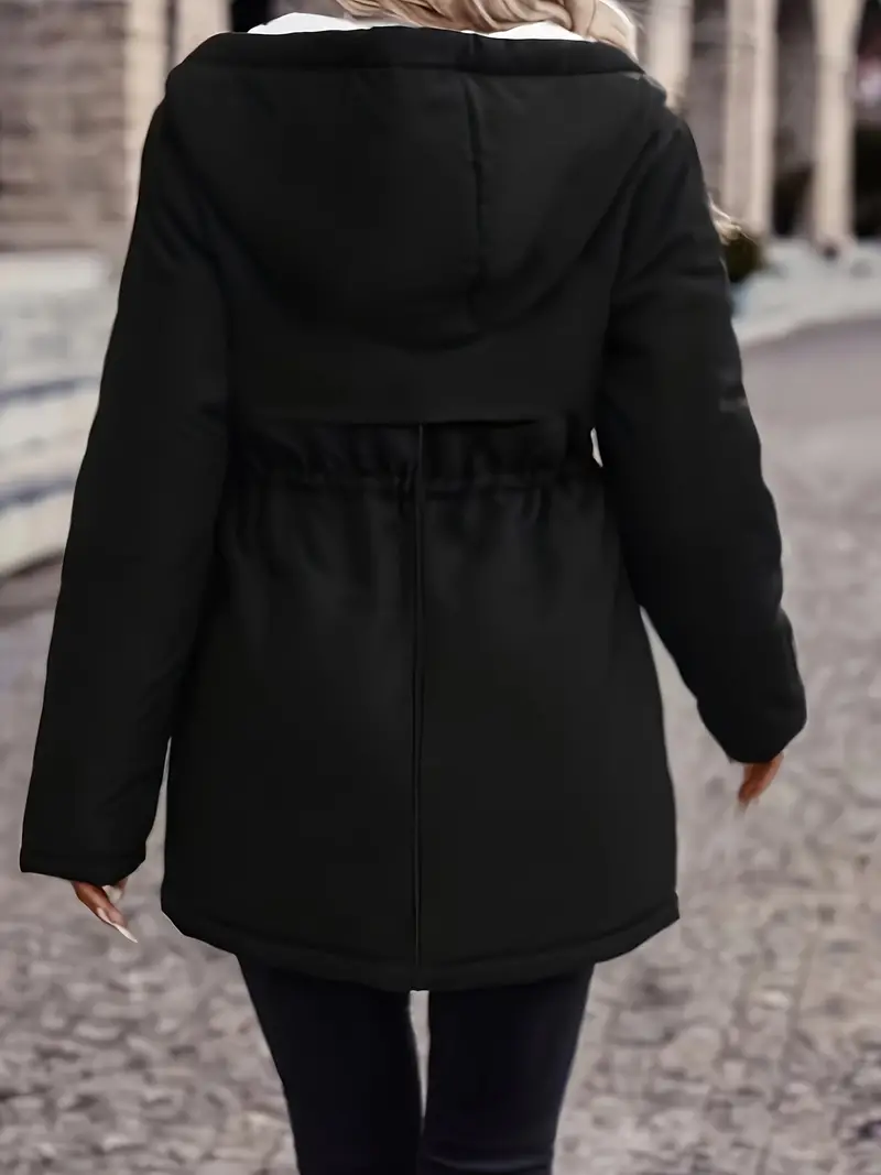 Zip-up Faux Fur Lined Warm Coat, Casual Long Sleeve Drawstring Waist Hoodie Coat For Fall & Winter, Women's Clothing