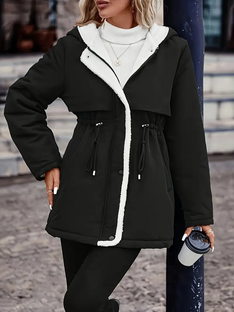 Zip-up Faux Fur Lined Warm Coat, Casual Long Sleeve Drawstring Waist Hoodie Coat For Fall & Winter, Women's Clothing