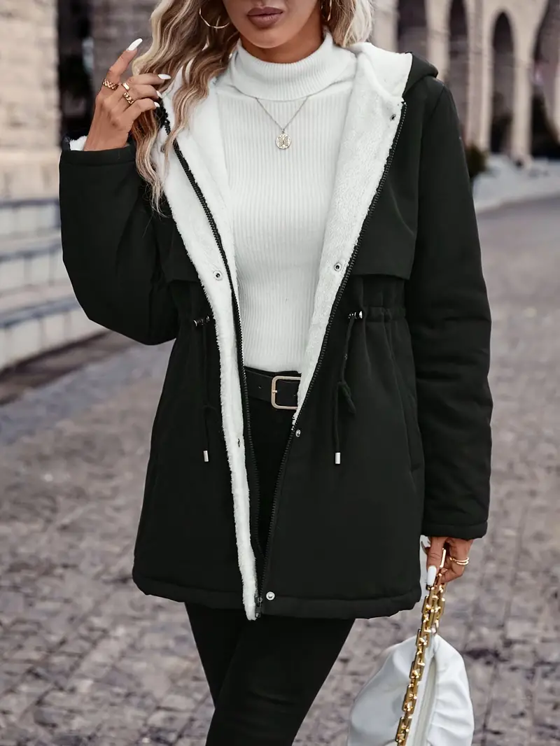Zip-up Faux Fur Lined Warm Coat, Casual Long Sleeve Drawstring Waist Hoodie Coat For Fall & Winter, Women's Clothing