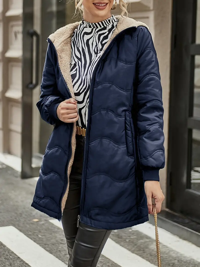 Full Zip Long Sleeve Hooded Coat, Casual Solid Color Dual Pockets Quilted Coat For Winter, Women's Clothing