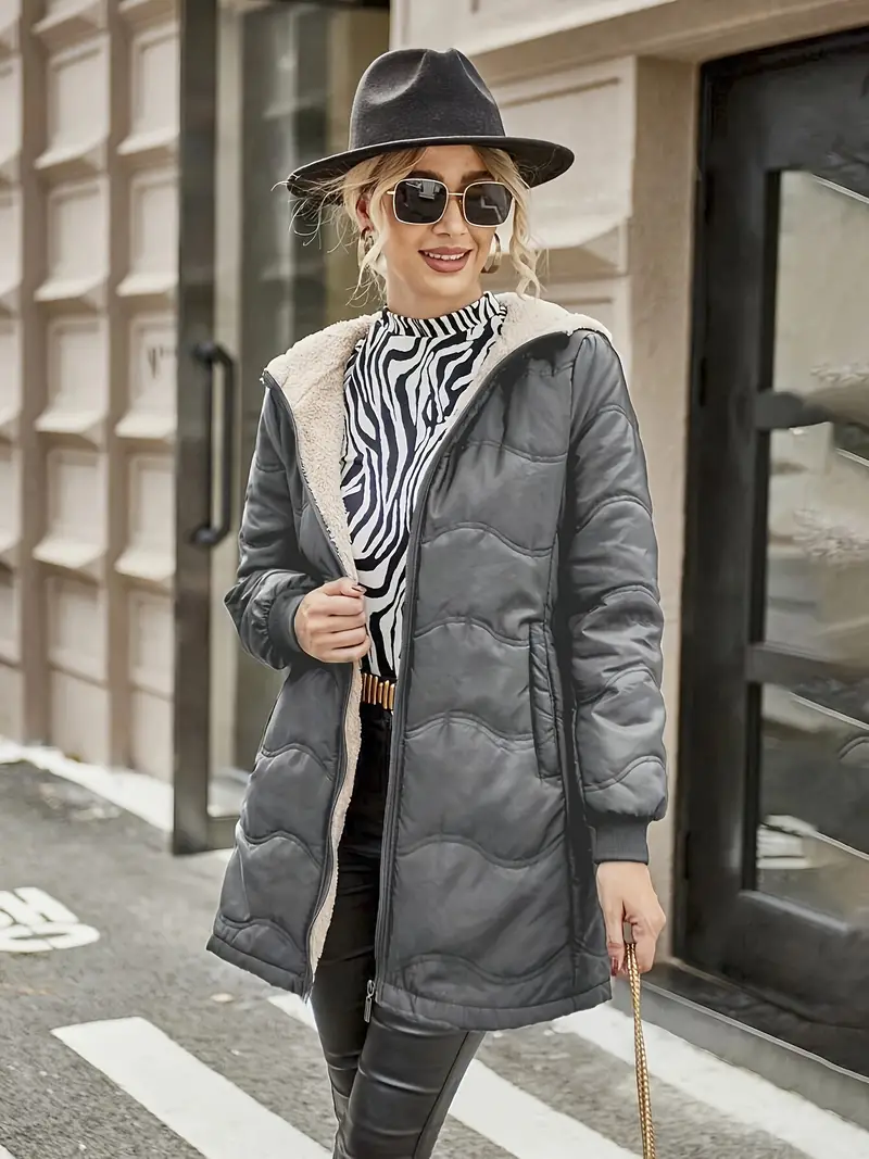 Full Zip Long Sleeve Hooded Coat, Casual Solid Color Dual Pockets Quilted Coat For Winter, Women's Clothing