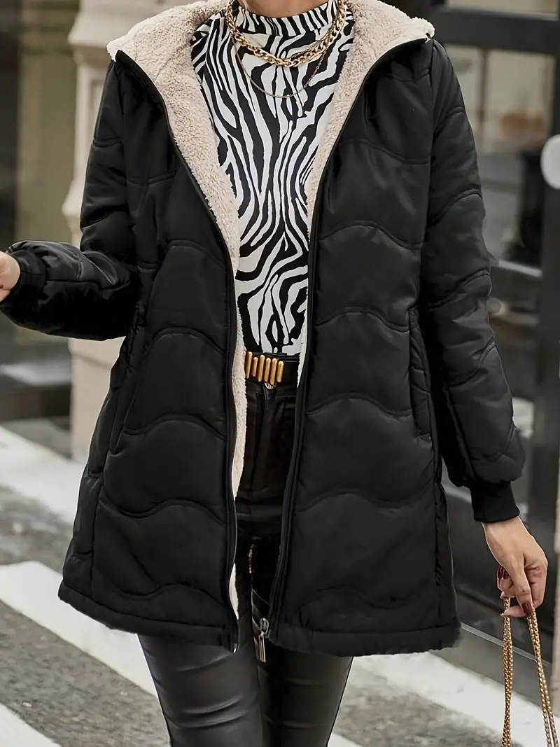 Full Zip Long Sleeve Hooded Coat, Casual Solid Color Dual Pockets Quilted Coat For Winter, Women's Clothing